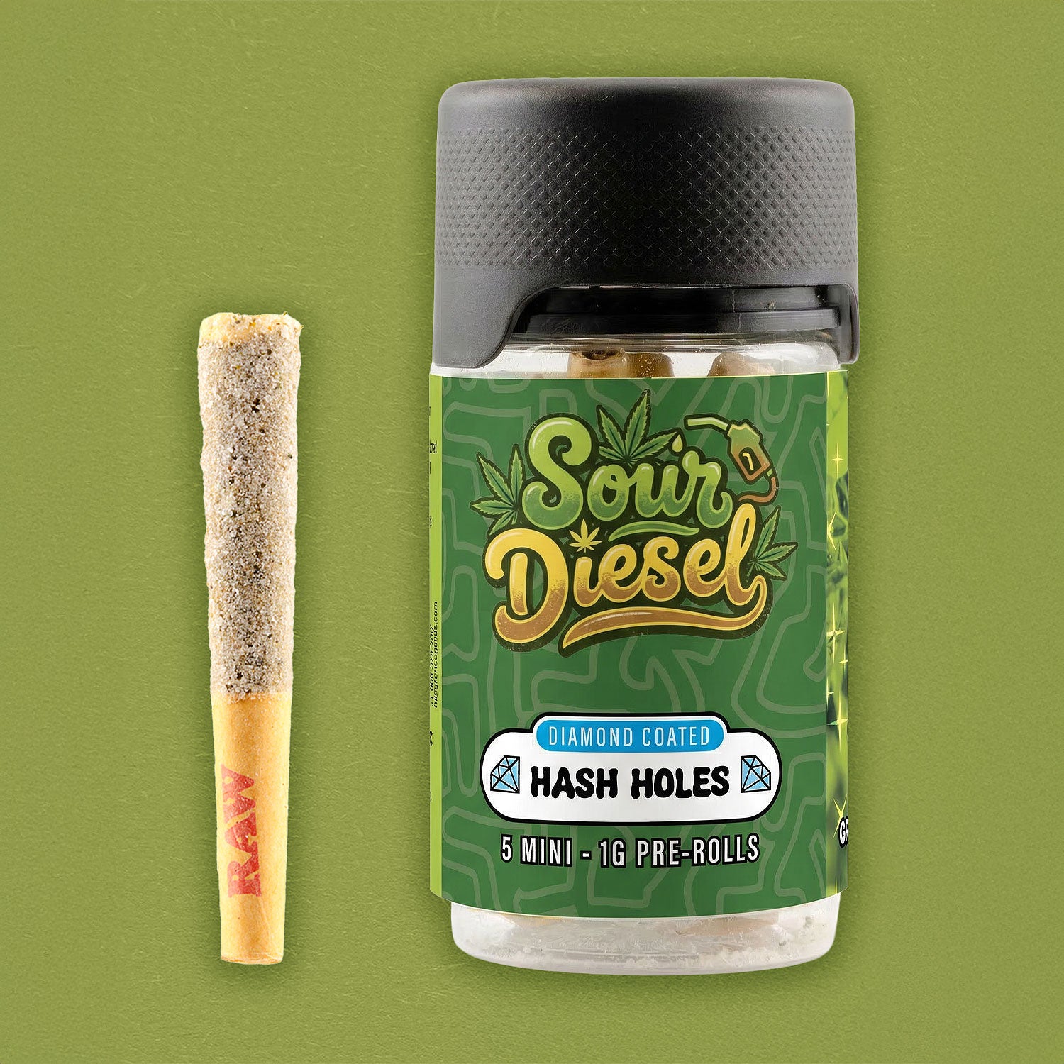 Sour Diesel diamond hash hole pre-roll standing